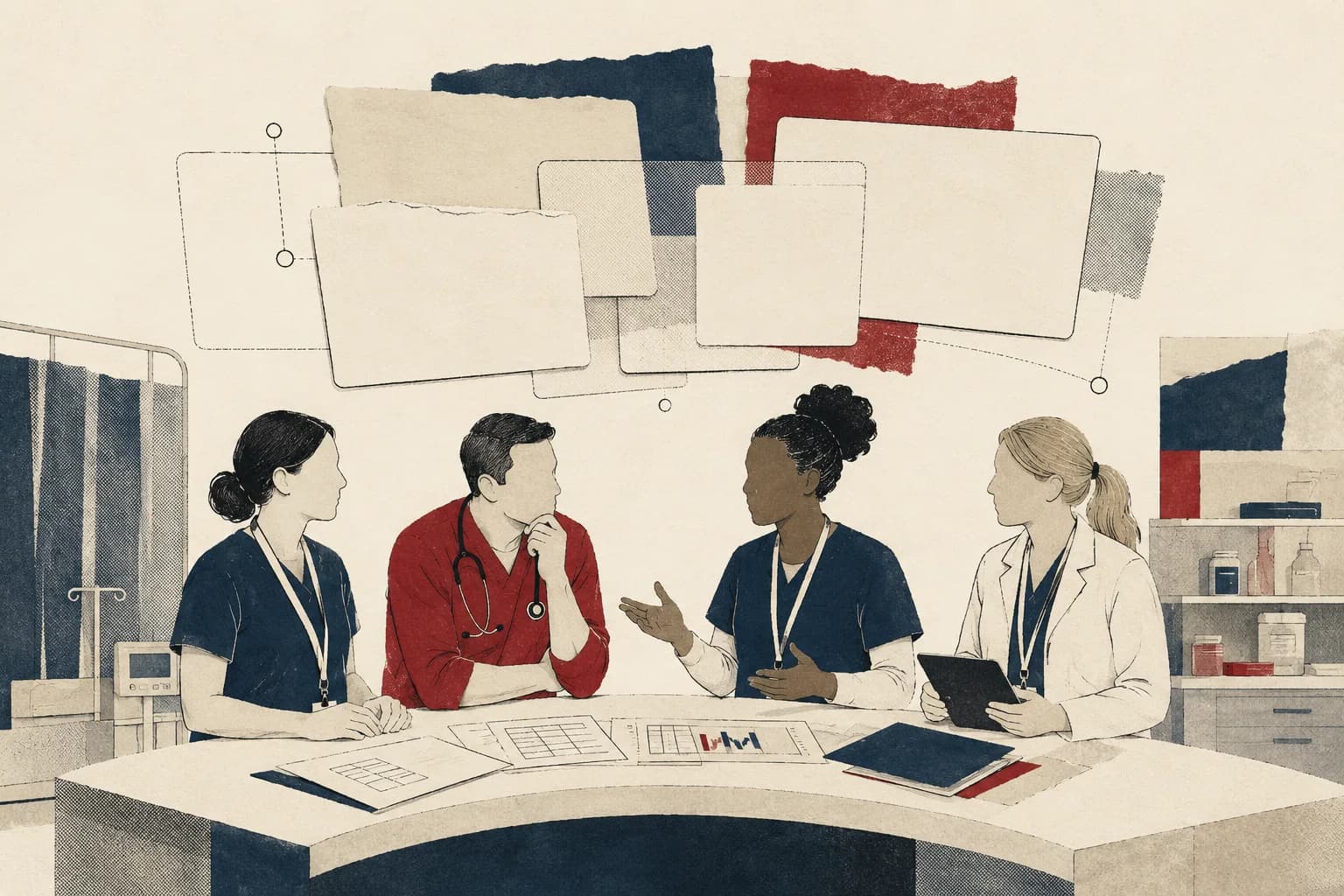An advanced nurse practitioner and medical colleague reviewing a patient plan and escalation pathway