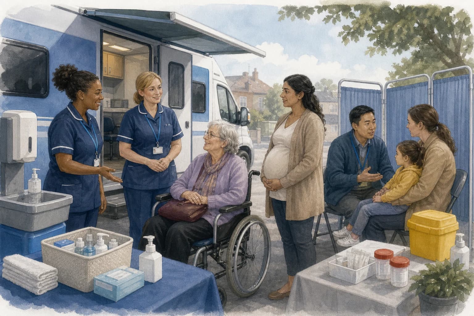 Two nurses welcoming people with different access needs at a mobile community health clinic