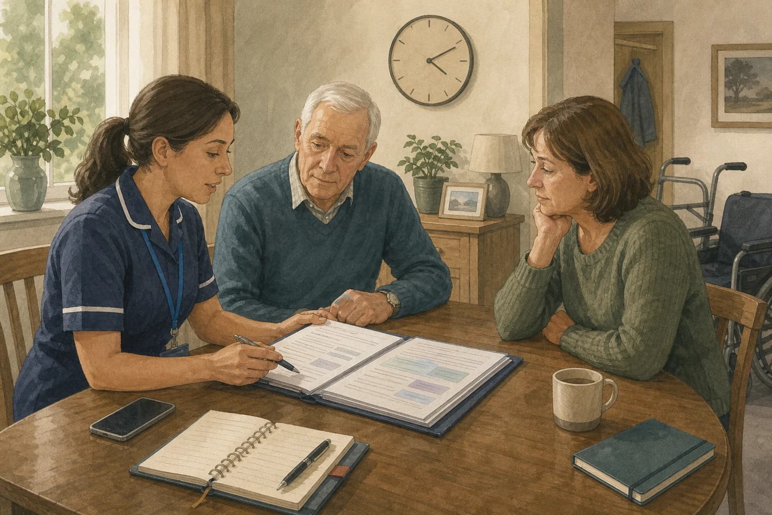 A community nurse and funding coordinator reviewing a Continuing Healthcare referral timeline and care plan