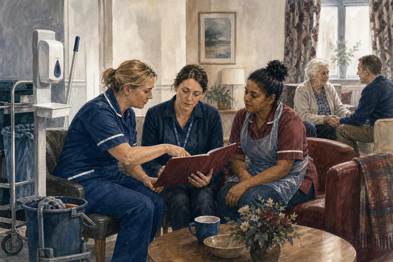 A care home nurse and hospital infection specialist reviewing an outbreak plan together