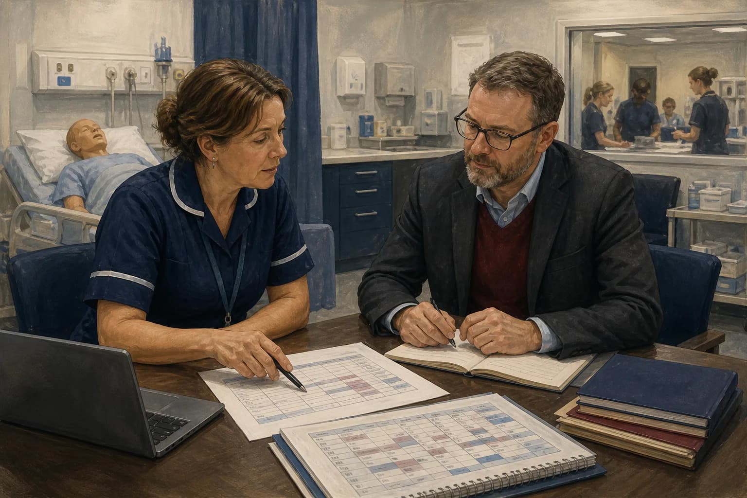 A nursing lecturer reviewing a university course budget beside a student placement timetable