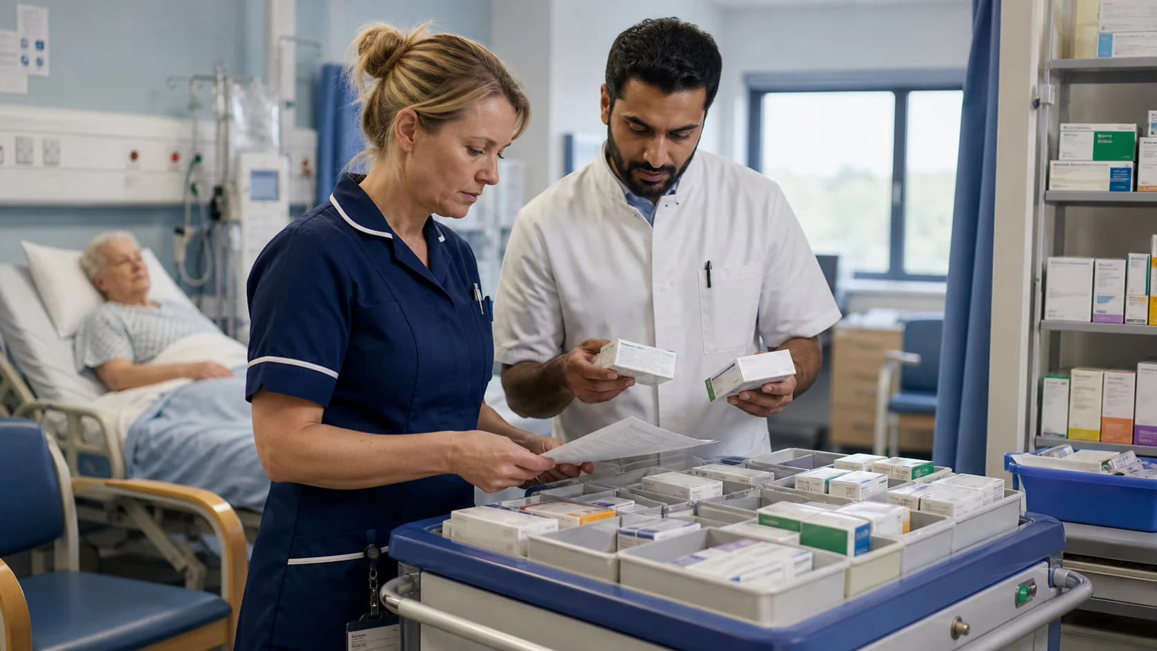 A ward nurse and pharmacist checking medicine stock and a patient chart