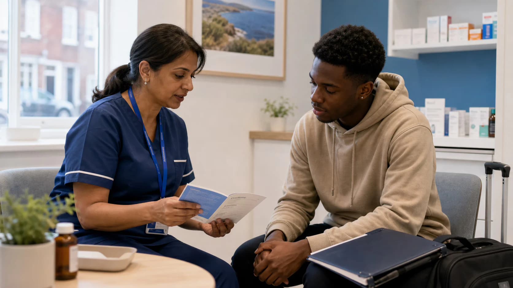 A vaccination nurse checking a young adult's immunisation record before a MenB dose