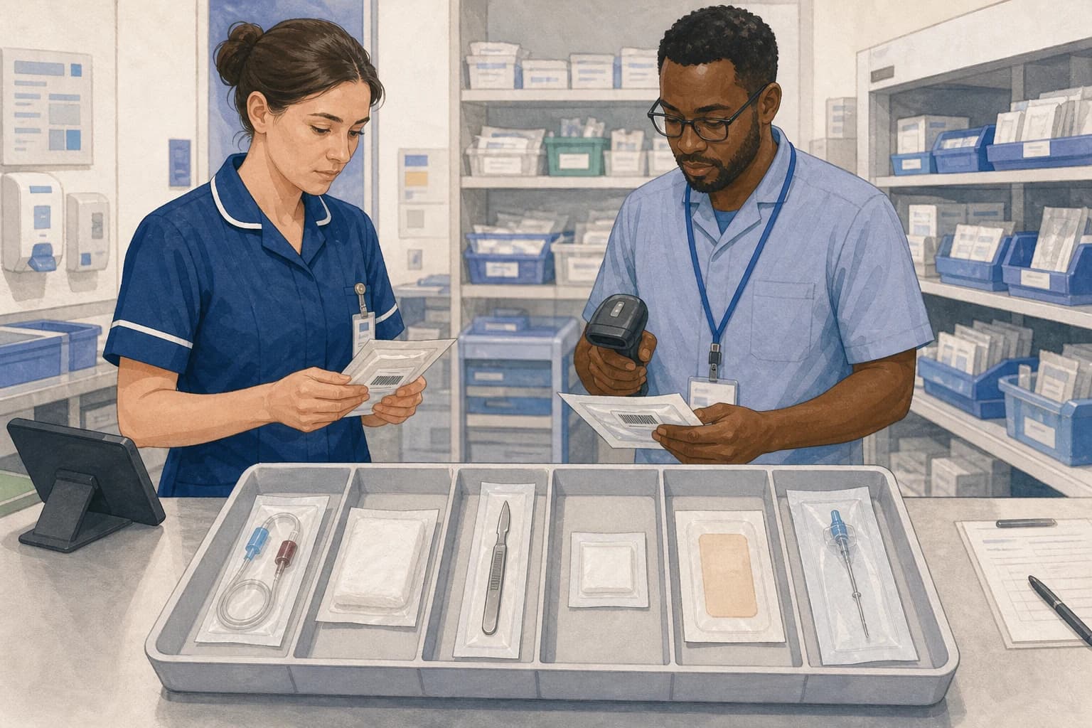 A nurse and medical device safety officer checking product labels and moving identified stock into a secure quarantine area