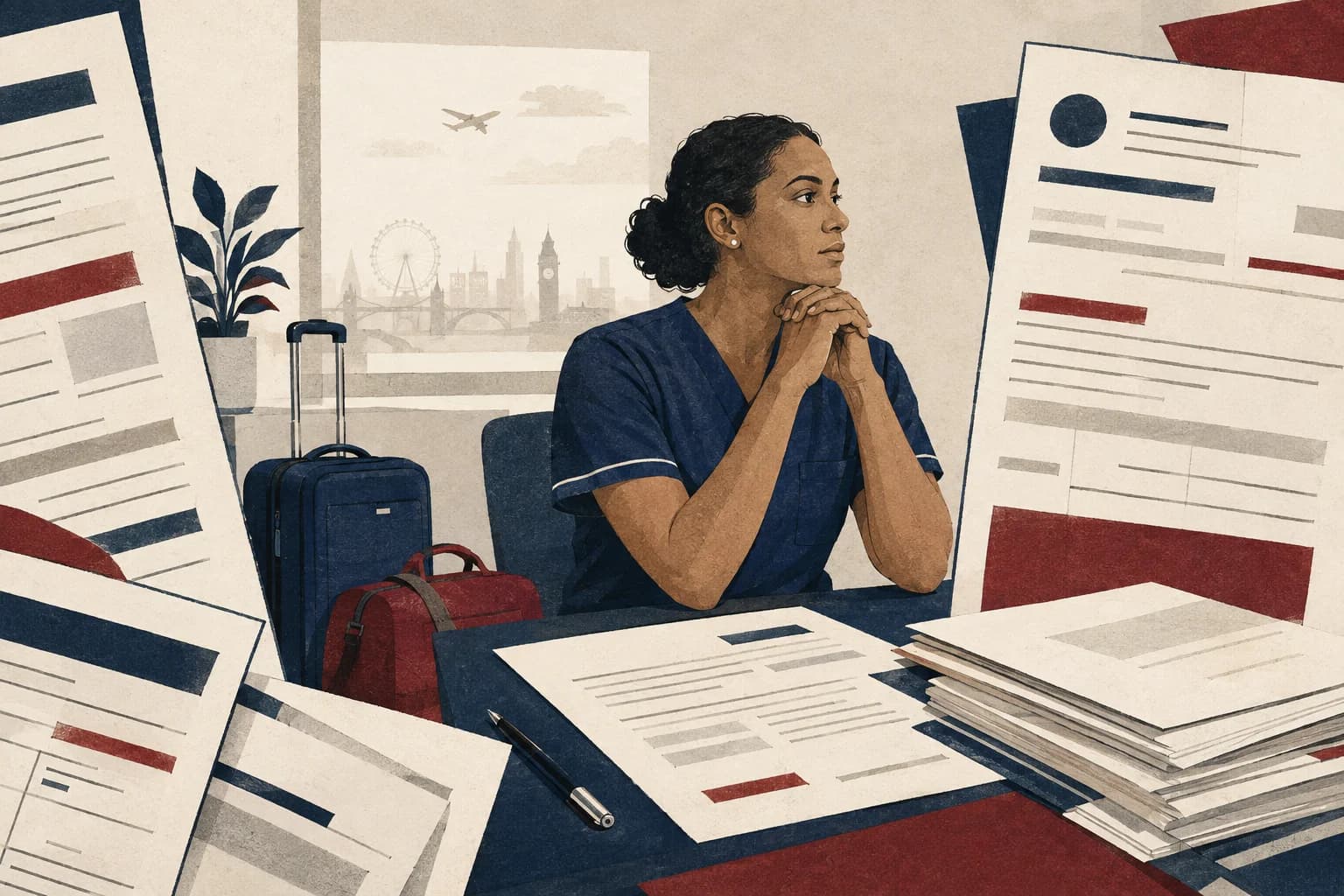 Illustration of a nurse considering travel documents and employment paperwork