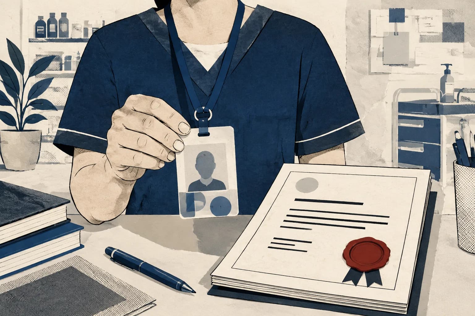 A registered nurse identity badge beside the NMC register and a proposed legal document