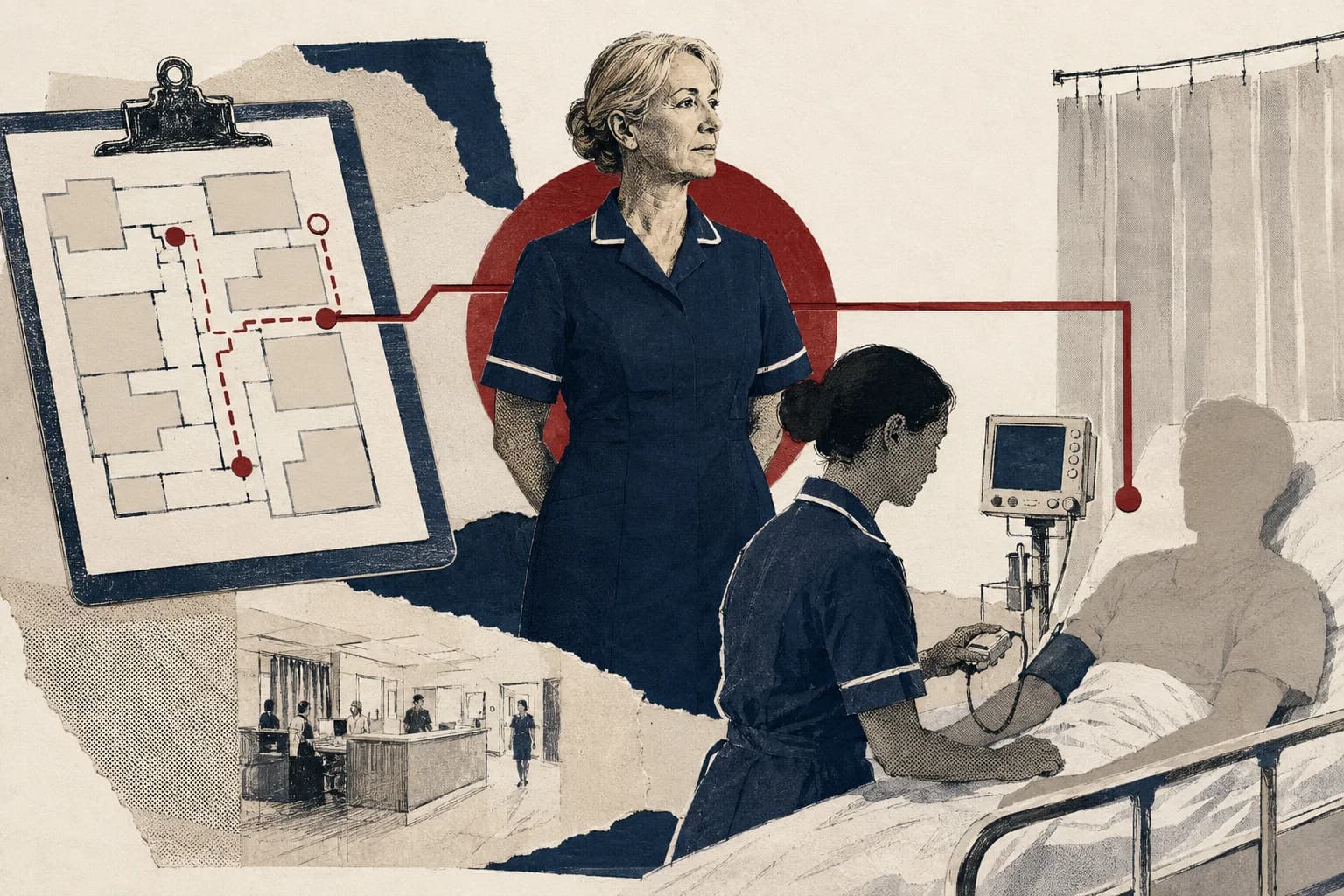 Illustration of a senior matron connecting ward care, safety and governance