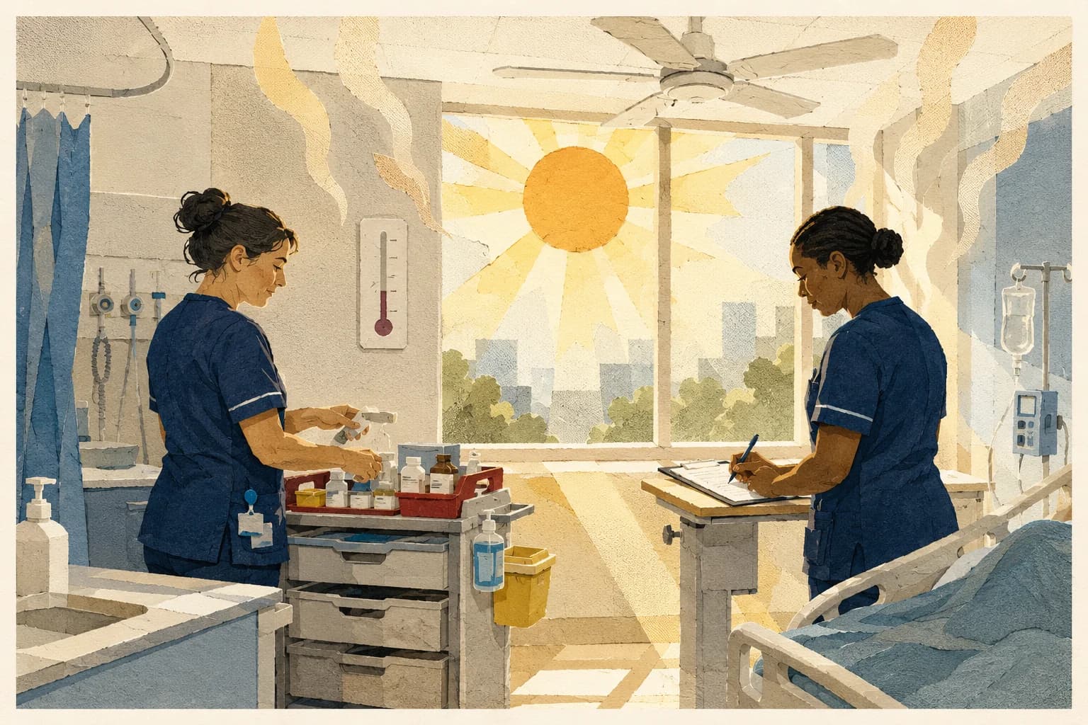 Illustration of nurses working in a hot ward with sunlight and a thermometer